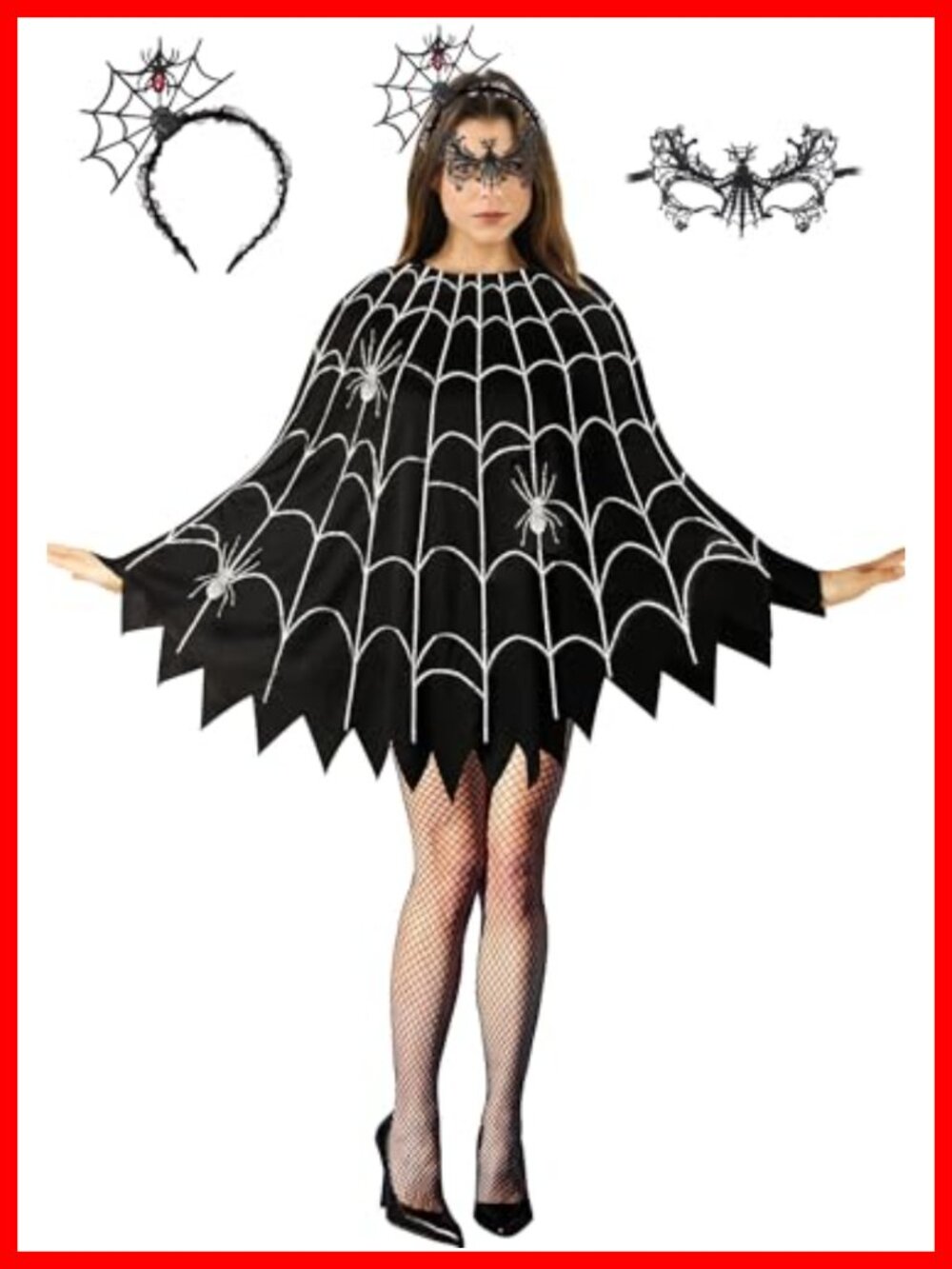 Spider Web Poncho Costume Set Lace Mask Headband Halloween